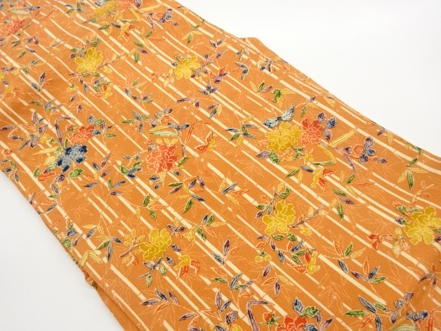 縮緬地型染竹に鳥・花葉模様名古屋帯